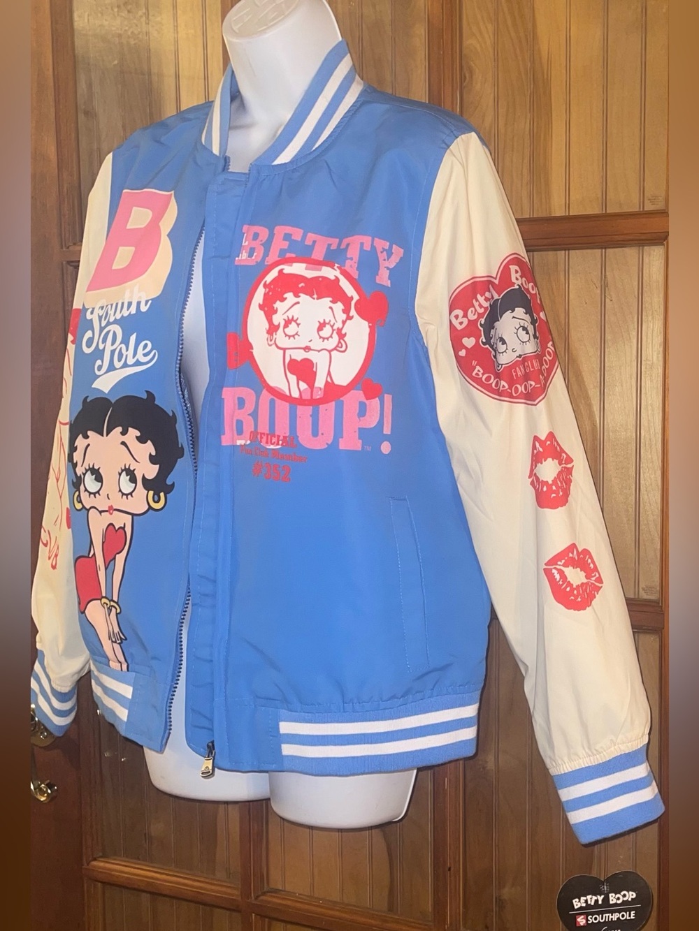 Betty Boop Blue & Cream Graphic Baseball Jacket with Pink Accents - Picture 2 of 4